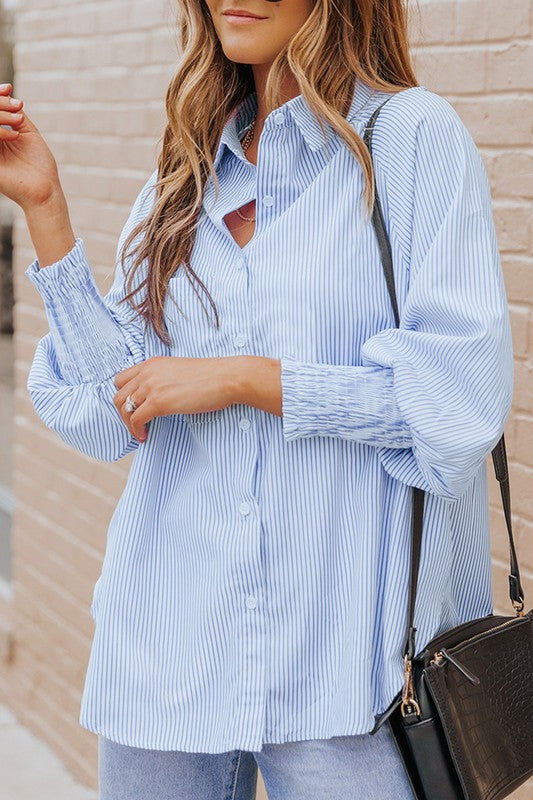 Light Blue Striped Casual Shirred Cuffs Shirt - Charming Charlie