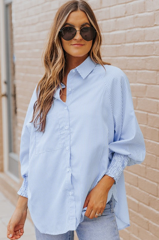 Light Blue Striped Casual Shirred Cuffs Shirt - Charming Charlie
