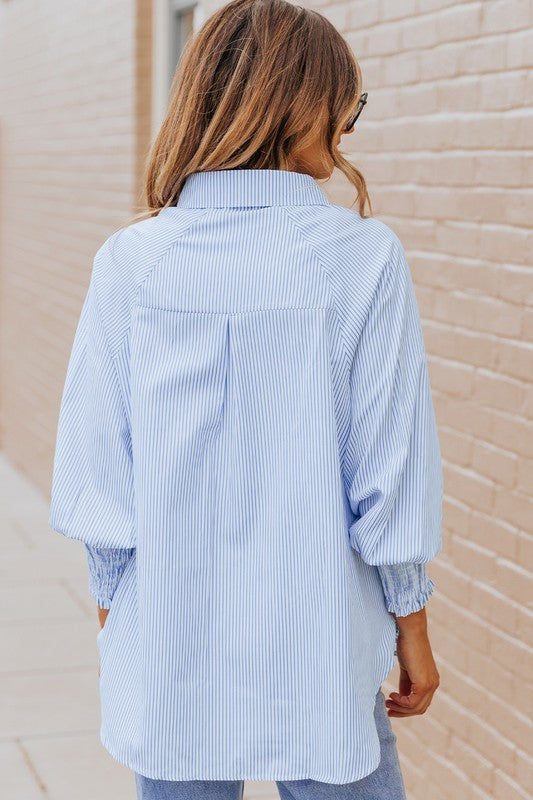 Light Blue Striped Casual Shirred Cuffs Shirt - Charming Charlie