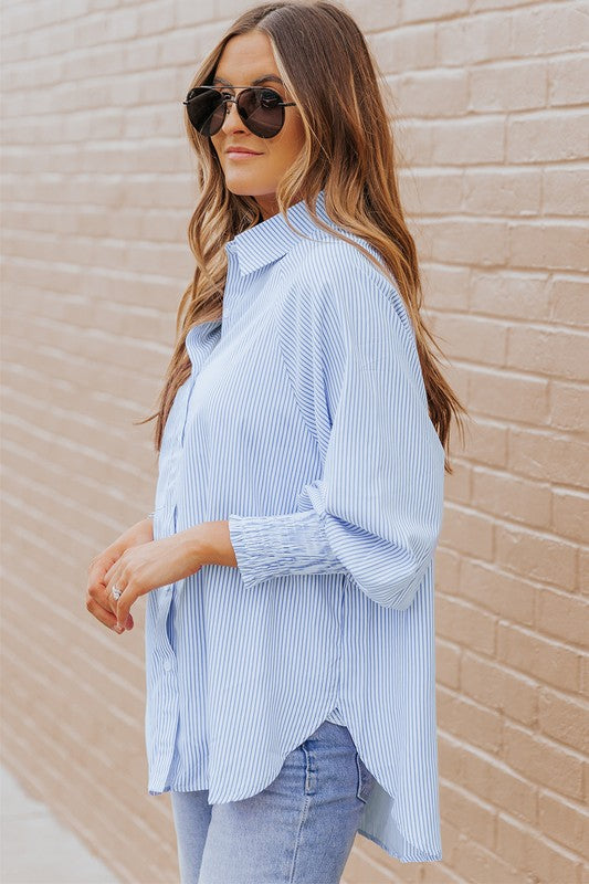 Light Blue Striped Casual Shirred Cuffs Shirt - Charming Charlie