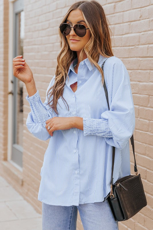 Light Blue Striped Casual Shirred Cuffs Shirt - Charming Charlie