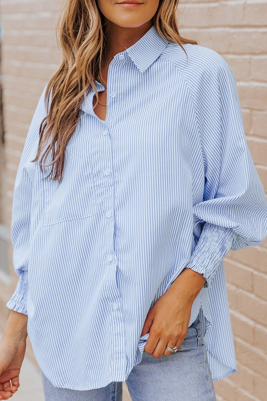 Light Blue Striped Casual Shirred Cuffs Shirt - Charming Charlie