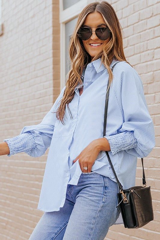 Light Blue Striped Casual Shirred Cuffs Shirt - Charming Charlie