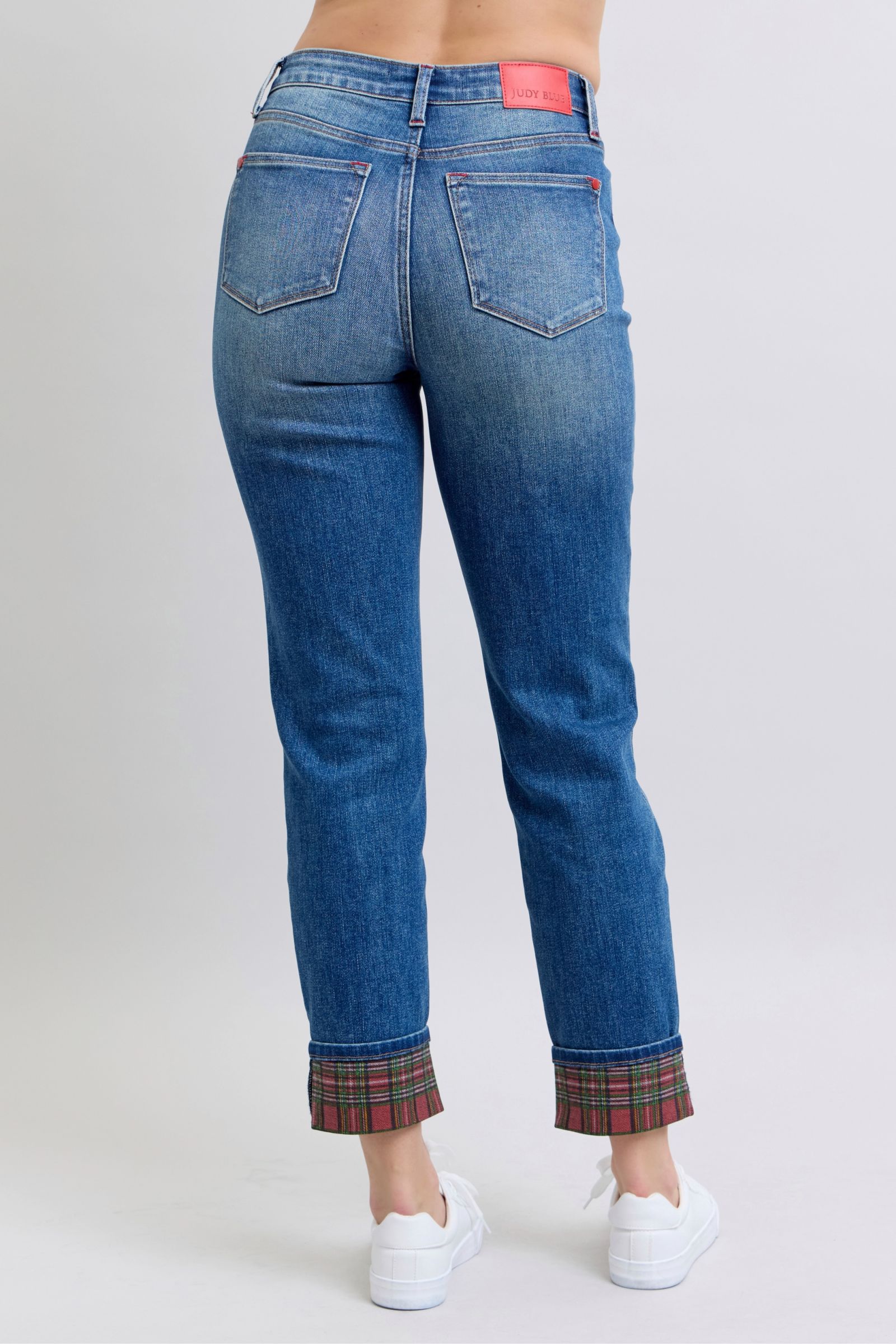 Judy Blue Full Size Plaid Print Cuff Straight Leg Jeans with Pockets - Charming Charlie