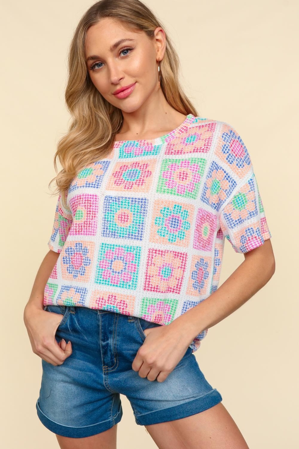 Haptics Flower Print Round Neck Short Sleeve T-Shirt - Charming Charlie