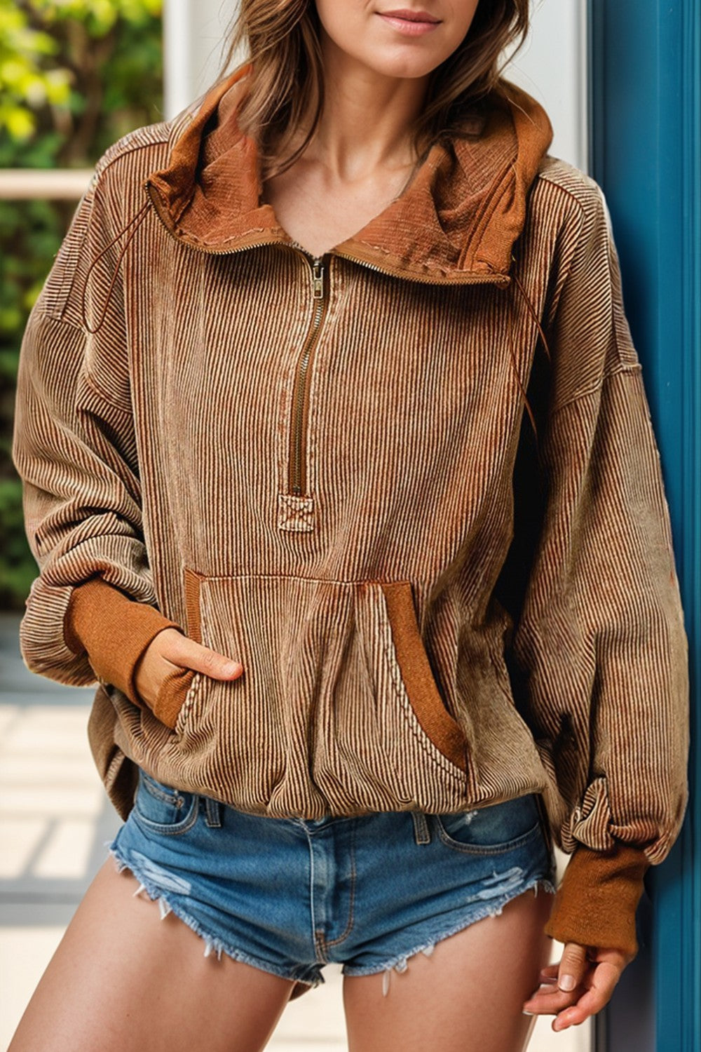 Drawstring Half Zip Long Sleeve Hoodie - Charming Charlie