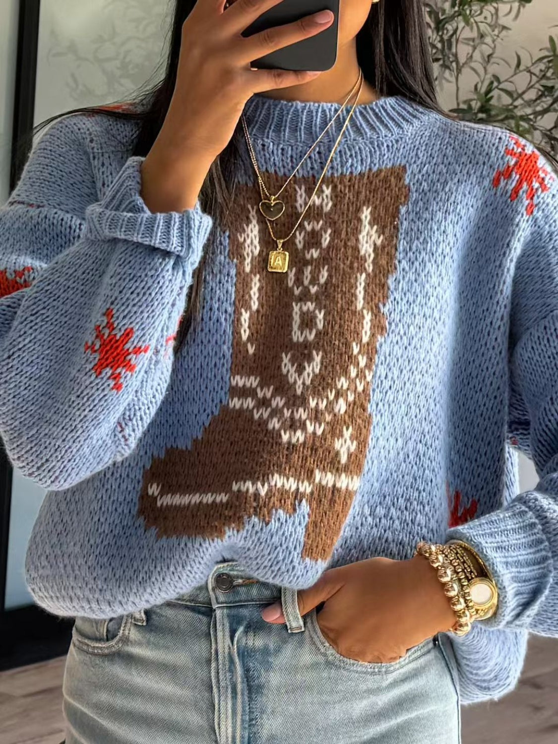 Boot Pattern Round Neck Dropped Shoulder Sweater - Charming Charlie