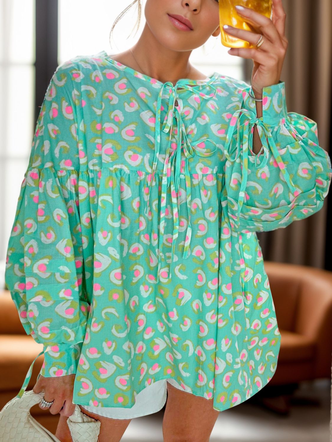 Tied Printed Long Sleeve Blouse - Charming Charlie