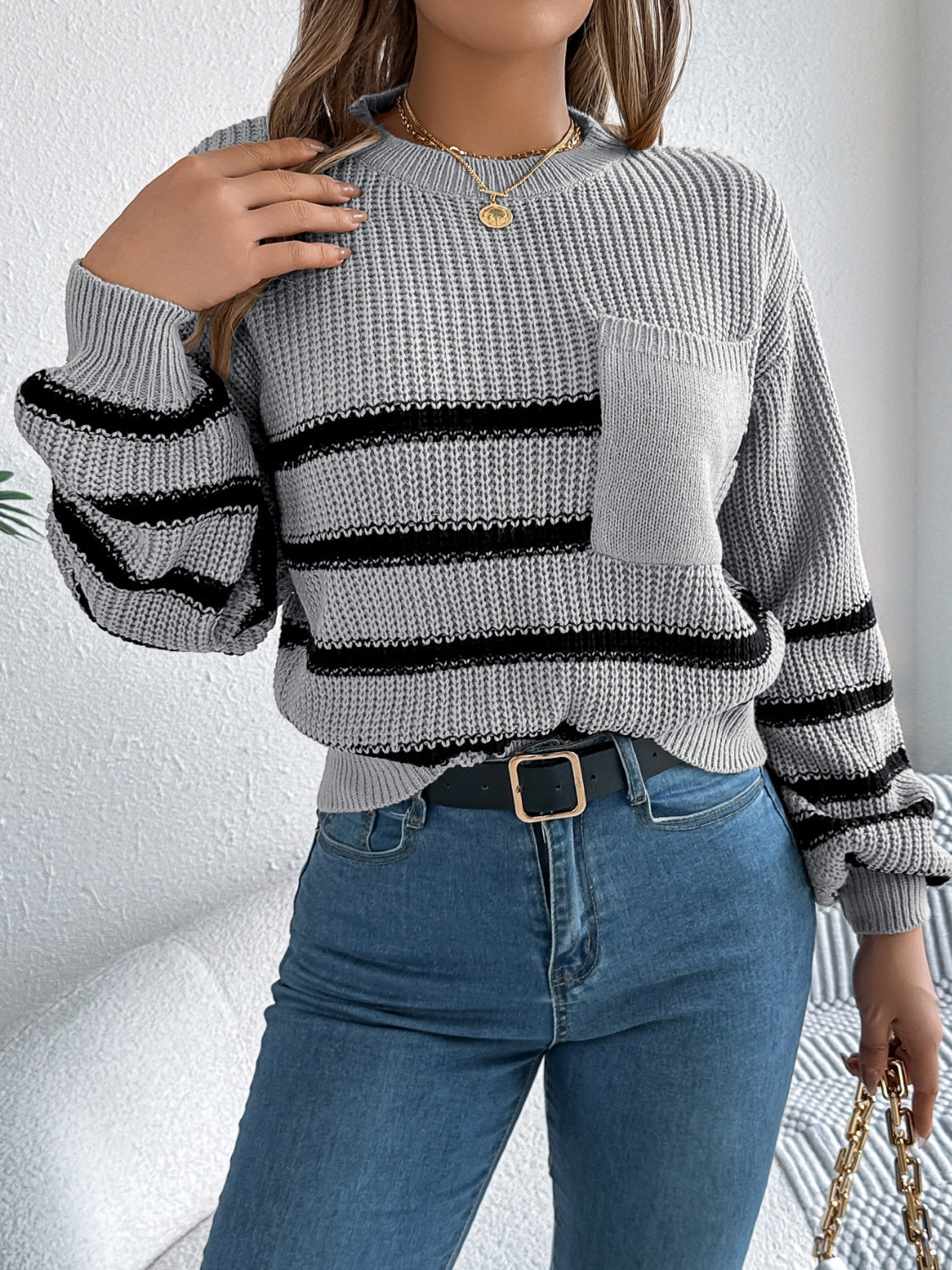 Striped Round Neck Long Sleeve Sweater - Charming Charlie