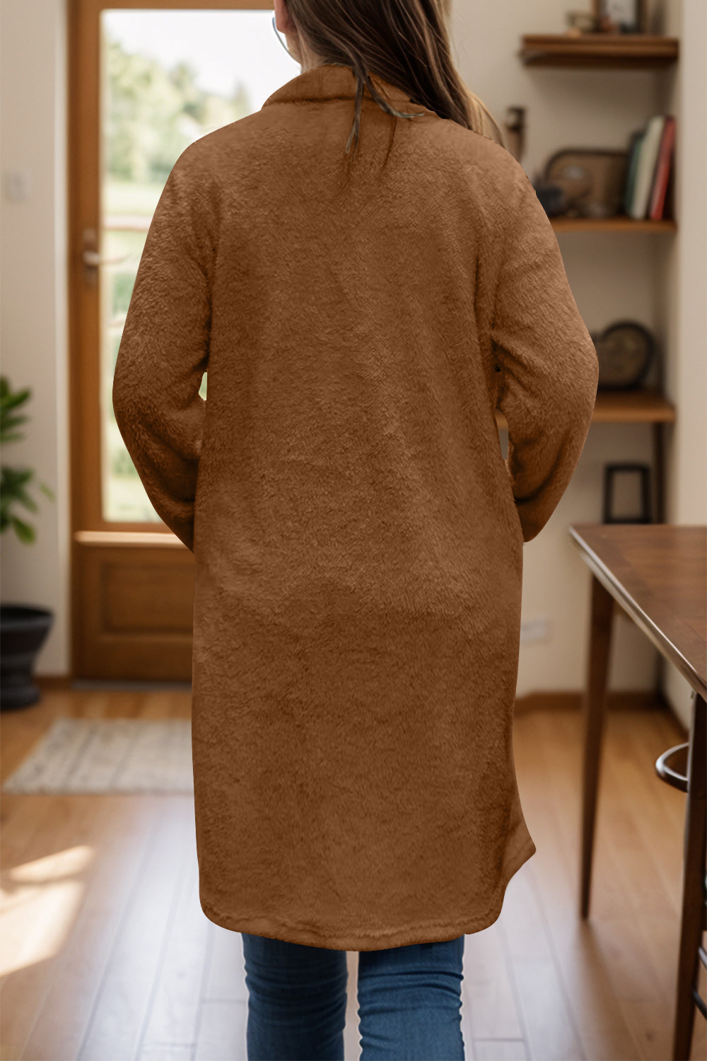 Full Size One Button Long Sleeve Longline Plush Coat - Charming Charlie