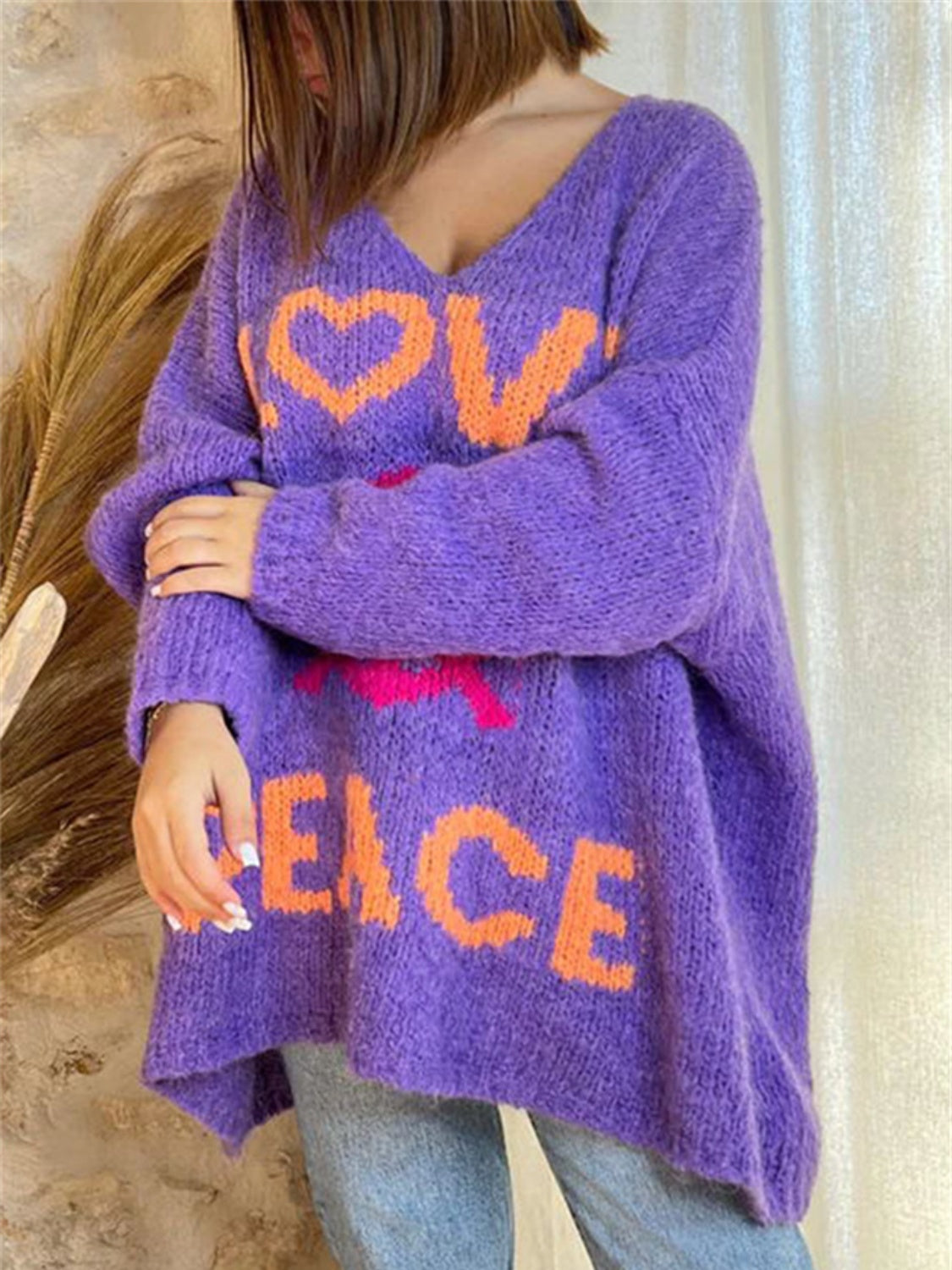 Peace Graphic V-Neck Long Sleeve Sweater - Charming Charlie