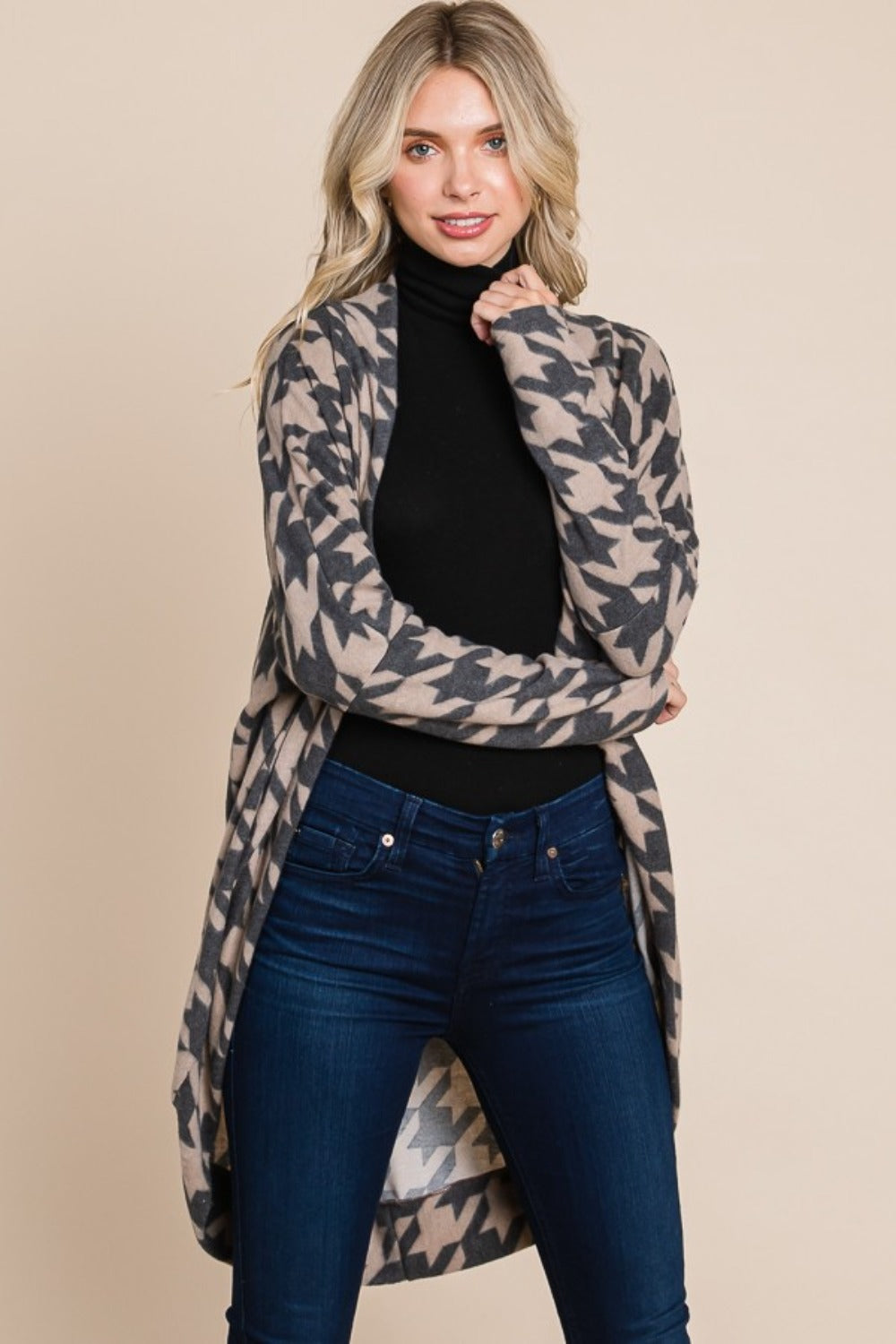 BOMBOM Houndstooth Open Front Cocoon Knit Cardigan - Charming Charlie