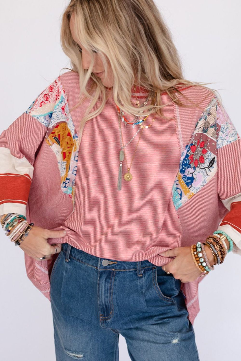 Striped Floral Patchwork Round Neck Top - Charming Charlie