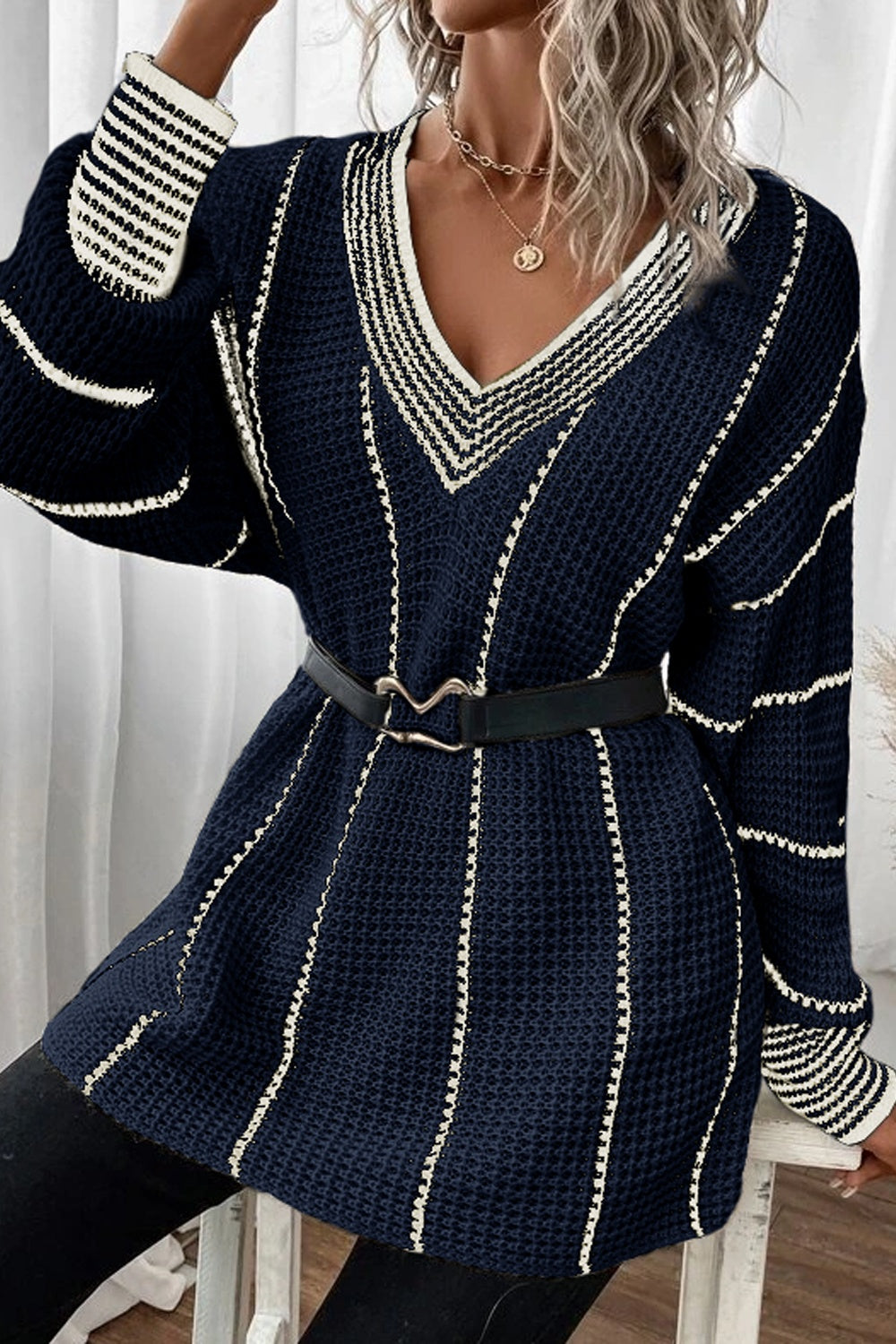 Striped V-Neck Dropped Shoulder Sweater - Charming Charlie