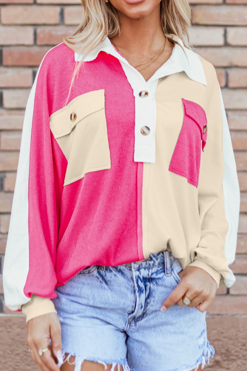 Color Block Collared Neck Long Sleeve Sweatshirt - Charming Charlie