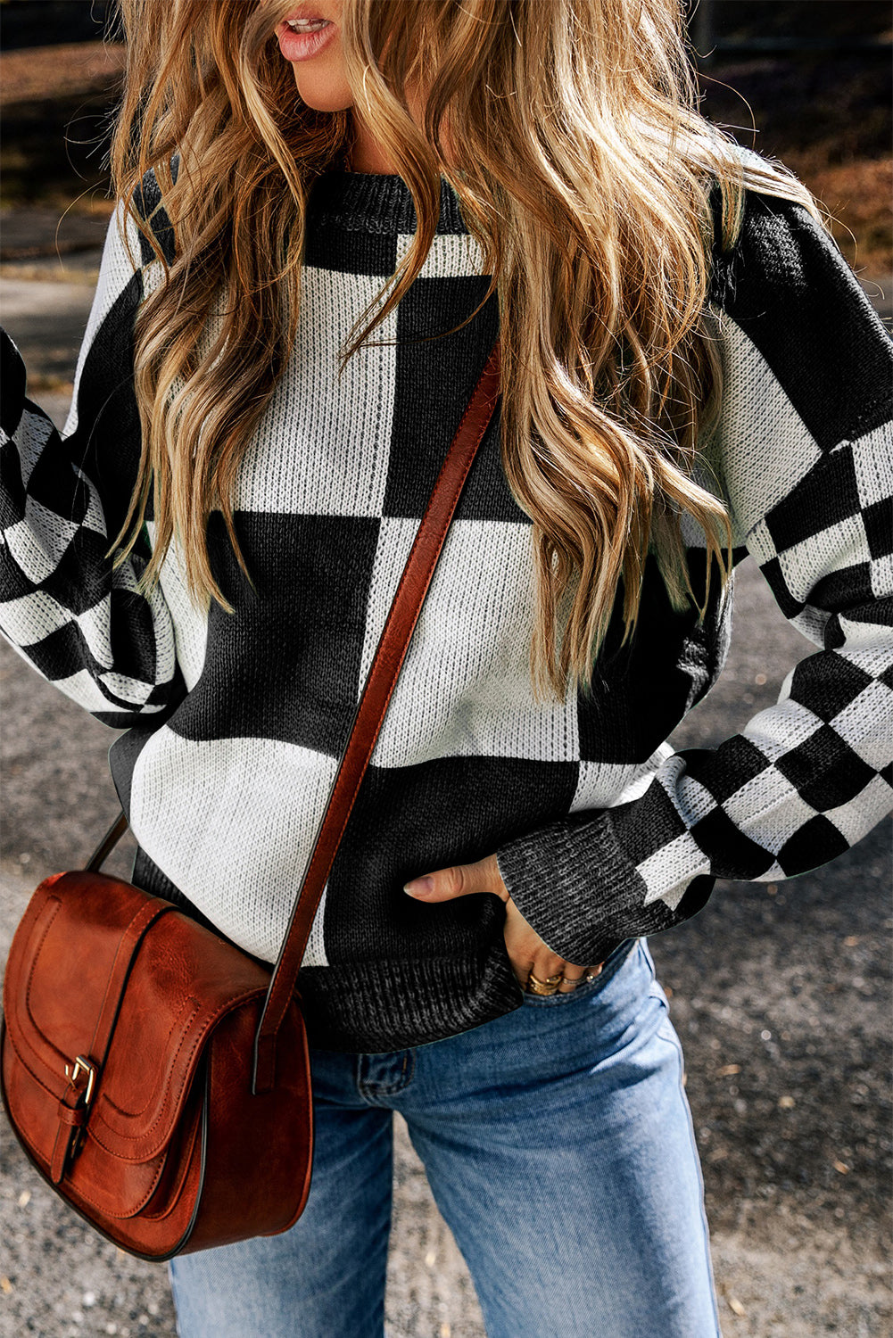 Checkered Round Neck Drop Shoulder Sweater - Charming Charlie