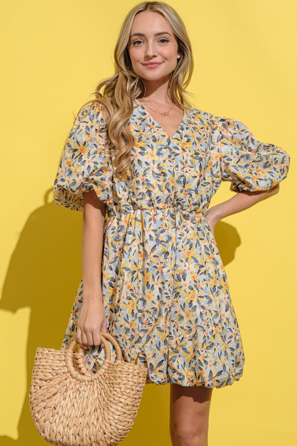 And The Why Full Size Floral Surplice Puff Sleeve Dress - Charming Charlie
