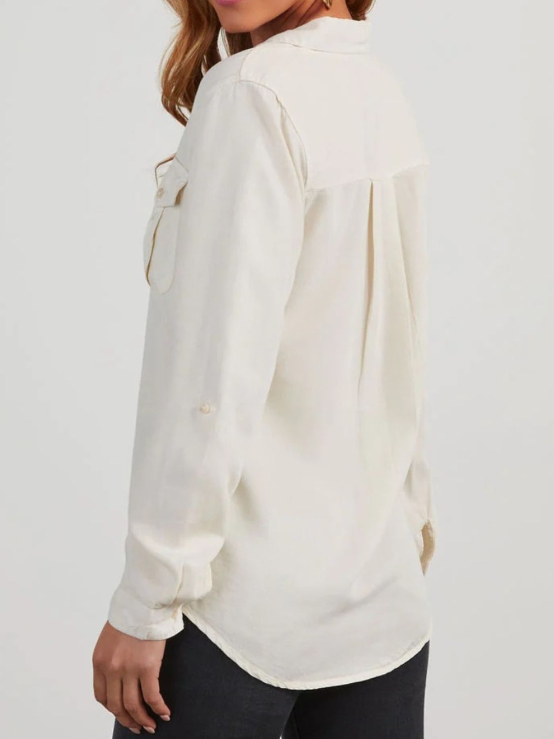 Collared Neck Roll-Tab Sleeve Denim Top - Charming Charlie