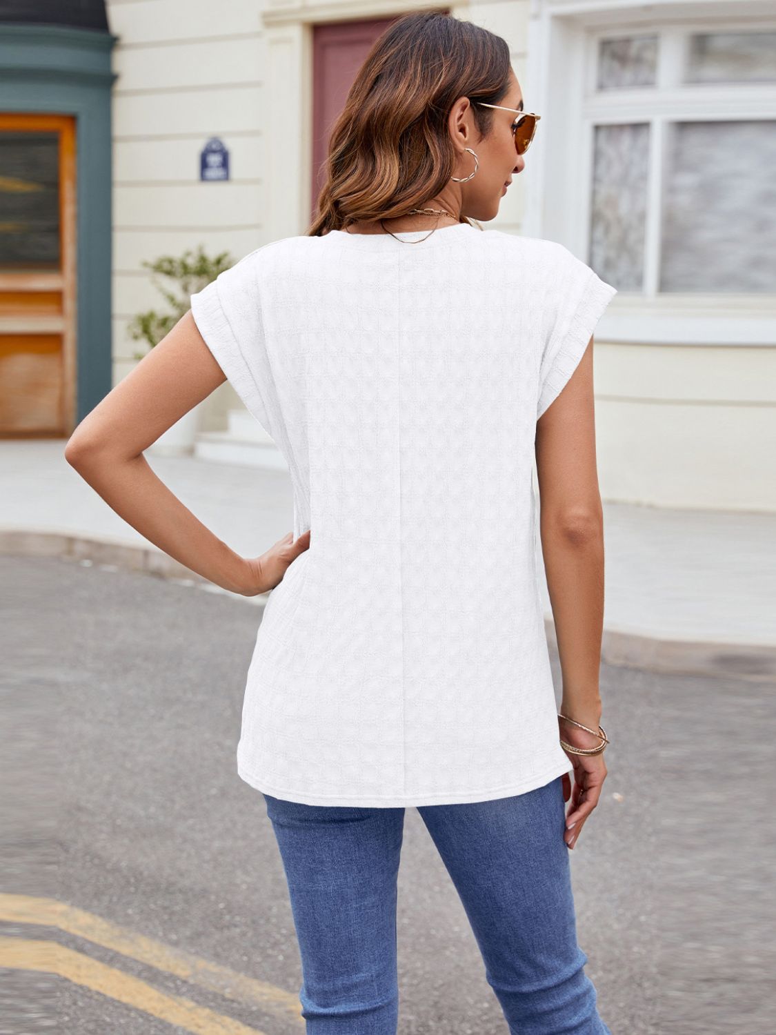 Textured Round Neck Cap Sleeve T-Shirt - Charming Charlie
