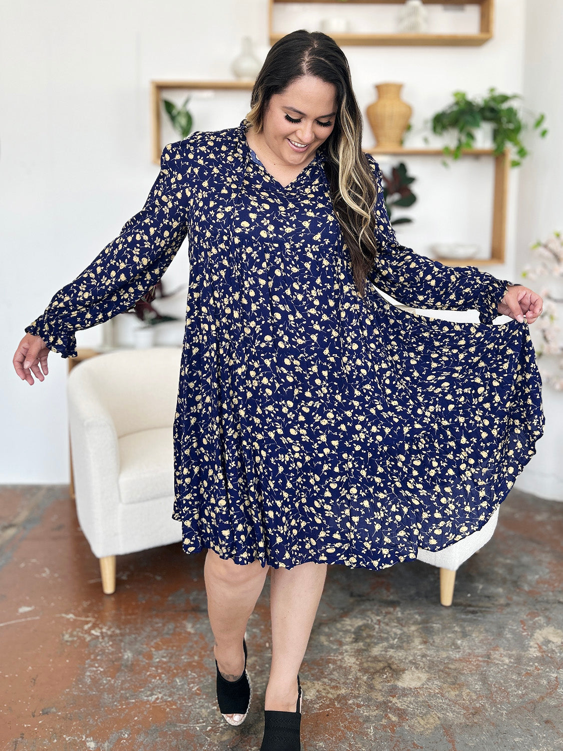 Double Take Full Size Printed Ruffle Hem Long Sleeve Tiered Dress - Charming Charlie