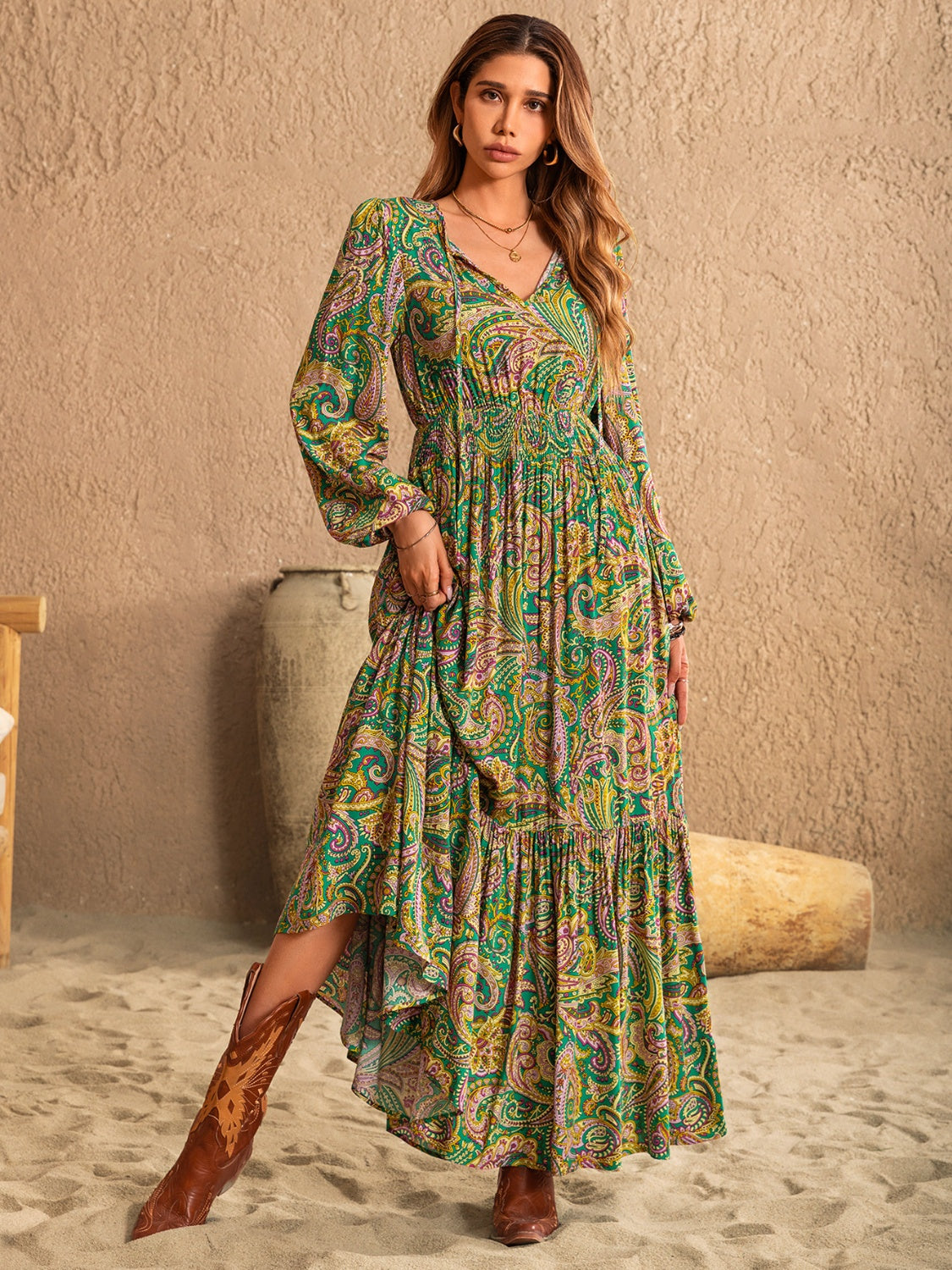 Printed Tie Neck Long Sleeve Dress - Charming Charlie