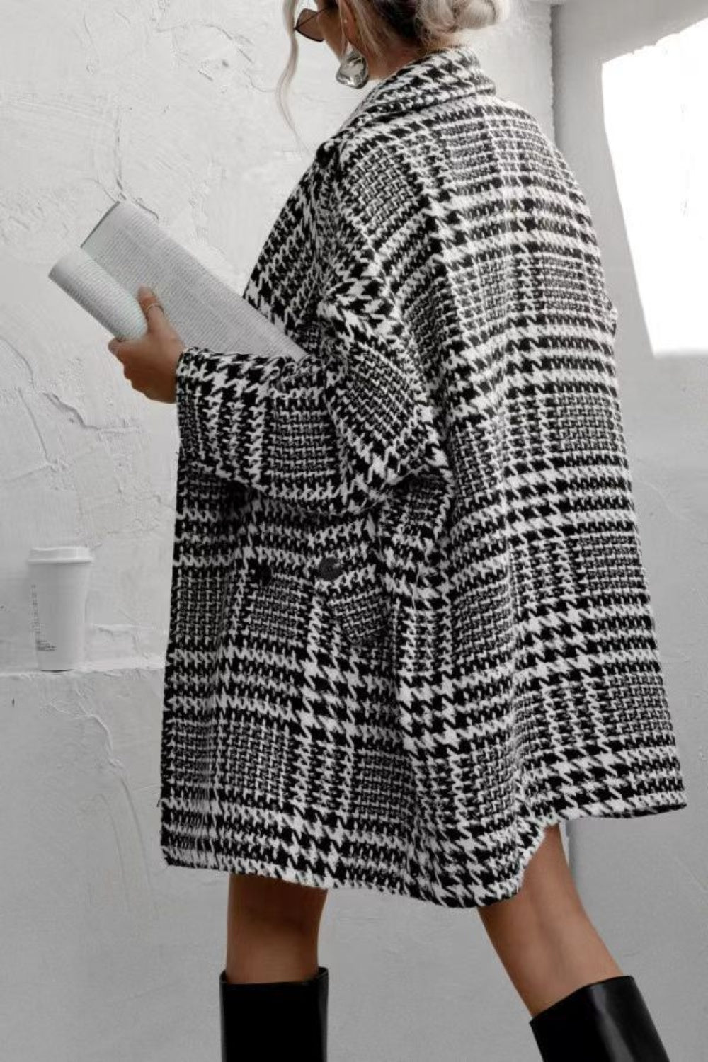 Houndstooth Collared Neck Long Sleeve Coat with Pockets - Charming Charlie
