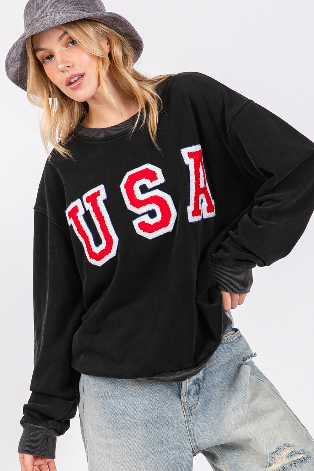 SAGE + FIG USA Letter Patch Round Neck Sweatshirt - Charming Charlie