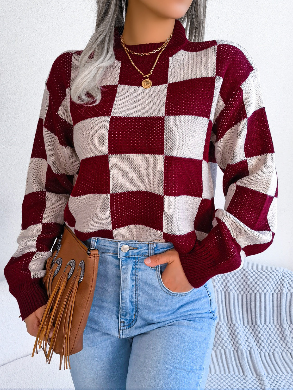 Checkered Mock Neck Long Sleeve Sweater - Charming Charlie
