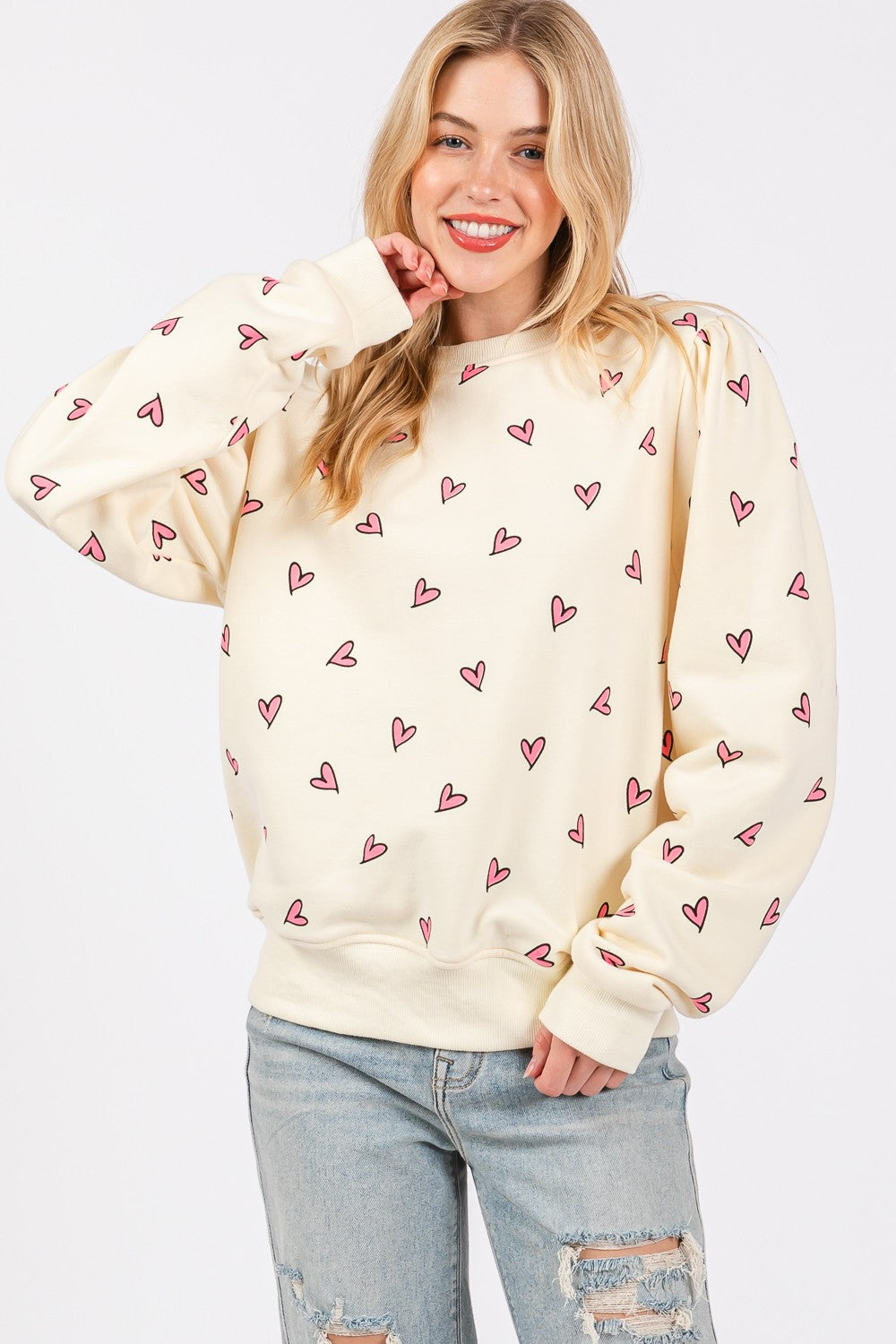 SAGE + FIG Heart Printed Contrast Long Sleeve Sweatshirt - Charming Charlie