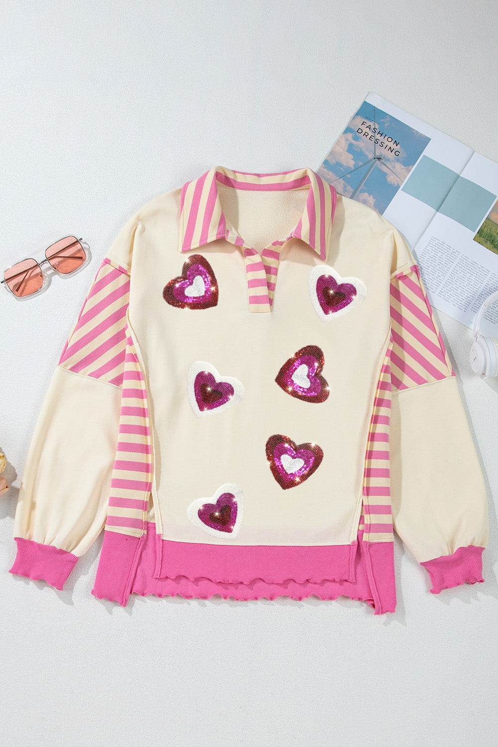 Valentine’s Day Sequin Heart Pattern Long Sleeve Sweatshirt - Charming Charlie