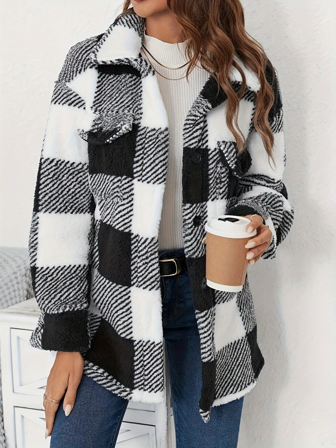 Plaid Button Up Long Sleeve Fuzzy Outerwear - Charming Charlie