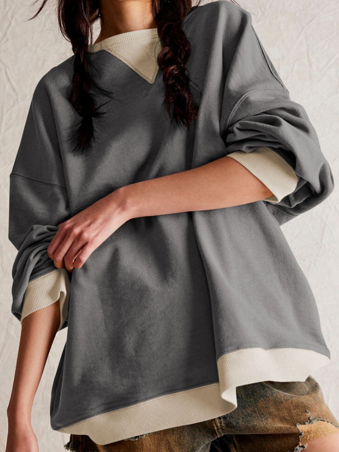 Contrast Dropped Shoulder Long Sleeve Sweatshirt - Charming Charlie