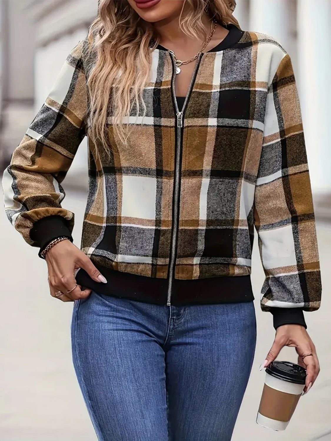 Plus Size Plaid Baseball Collar Zip Up Jacket - Charming Charlie