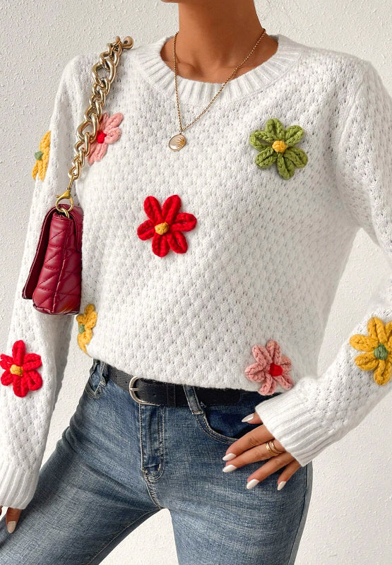 Crochet Flower Round Neck Long Sleeve Sweater - Charming Charlie