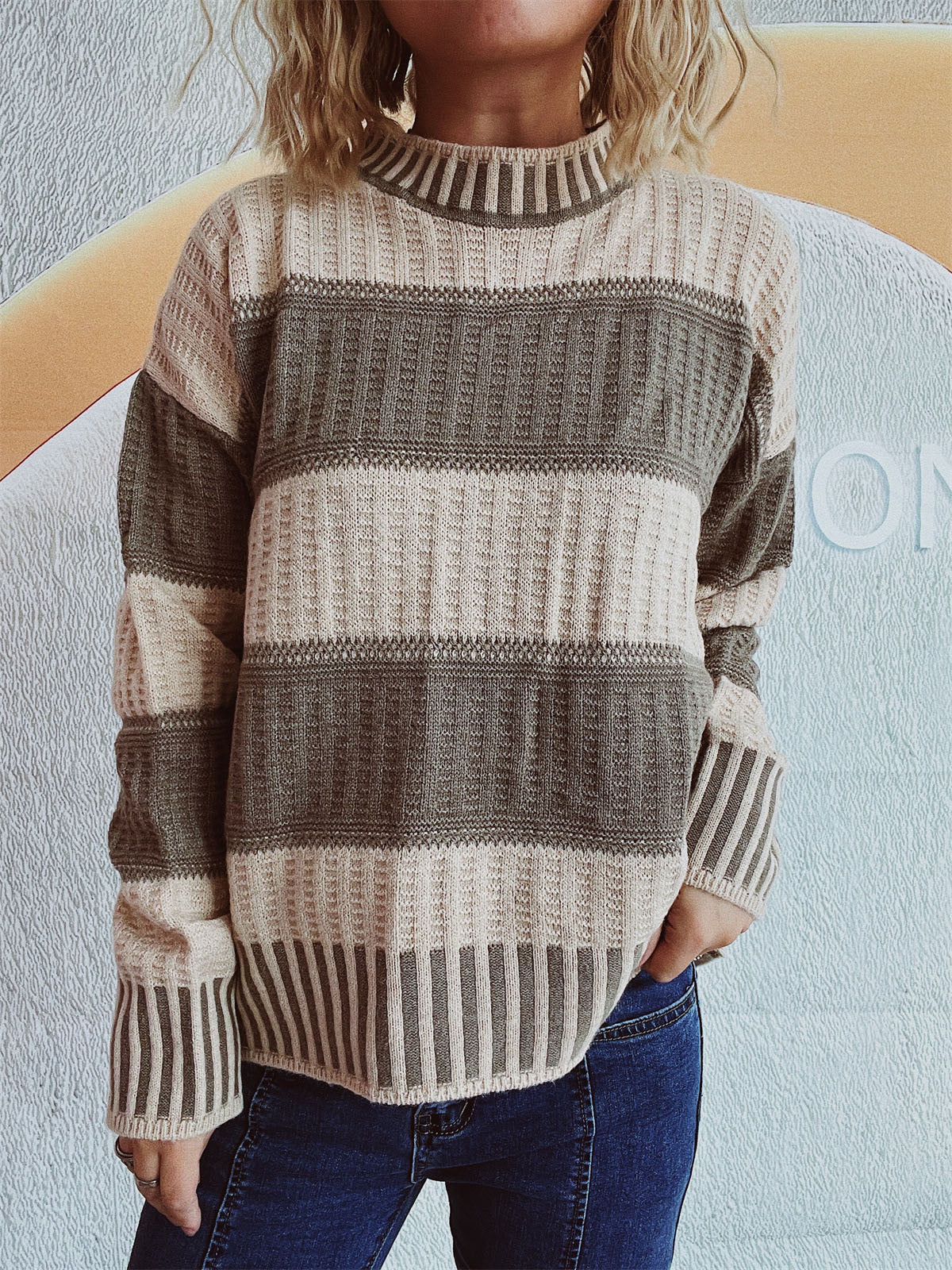 Contrast Round Neck Long Sleeve Sweater - Charming Charlie