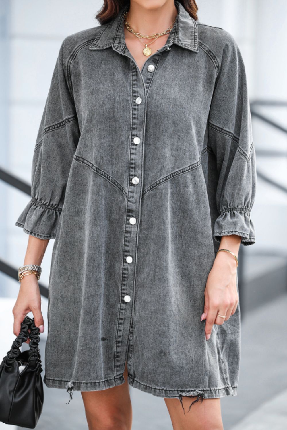 Distressed Collared Neck Flounce Sleeve Denim Dress - Charming Charlie