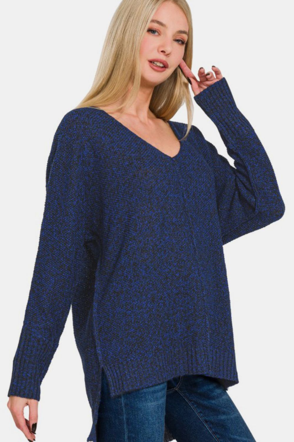 Zenana High-Low Center Seam V-Neck Sweater - Charming Charlie