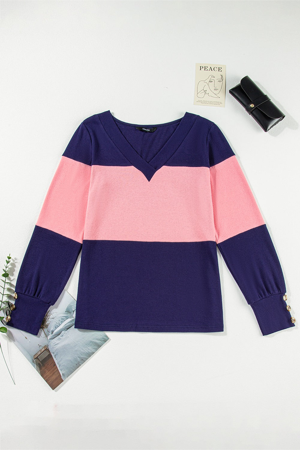 Color Block V-Neck Long Sleeve Top - Charming Charlie