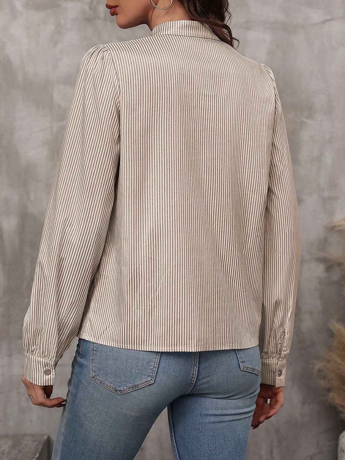Striped Tie Neck Long Sleeve Blouse - Charming Charlie