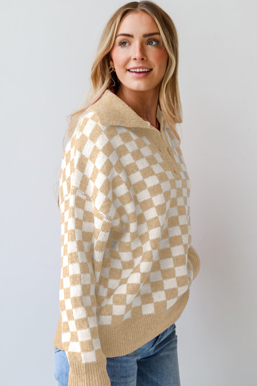 Checkered Collared Neck Long Sleeve Sweater - Charming Charlie