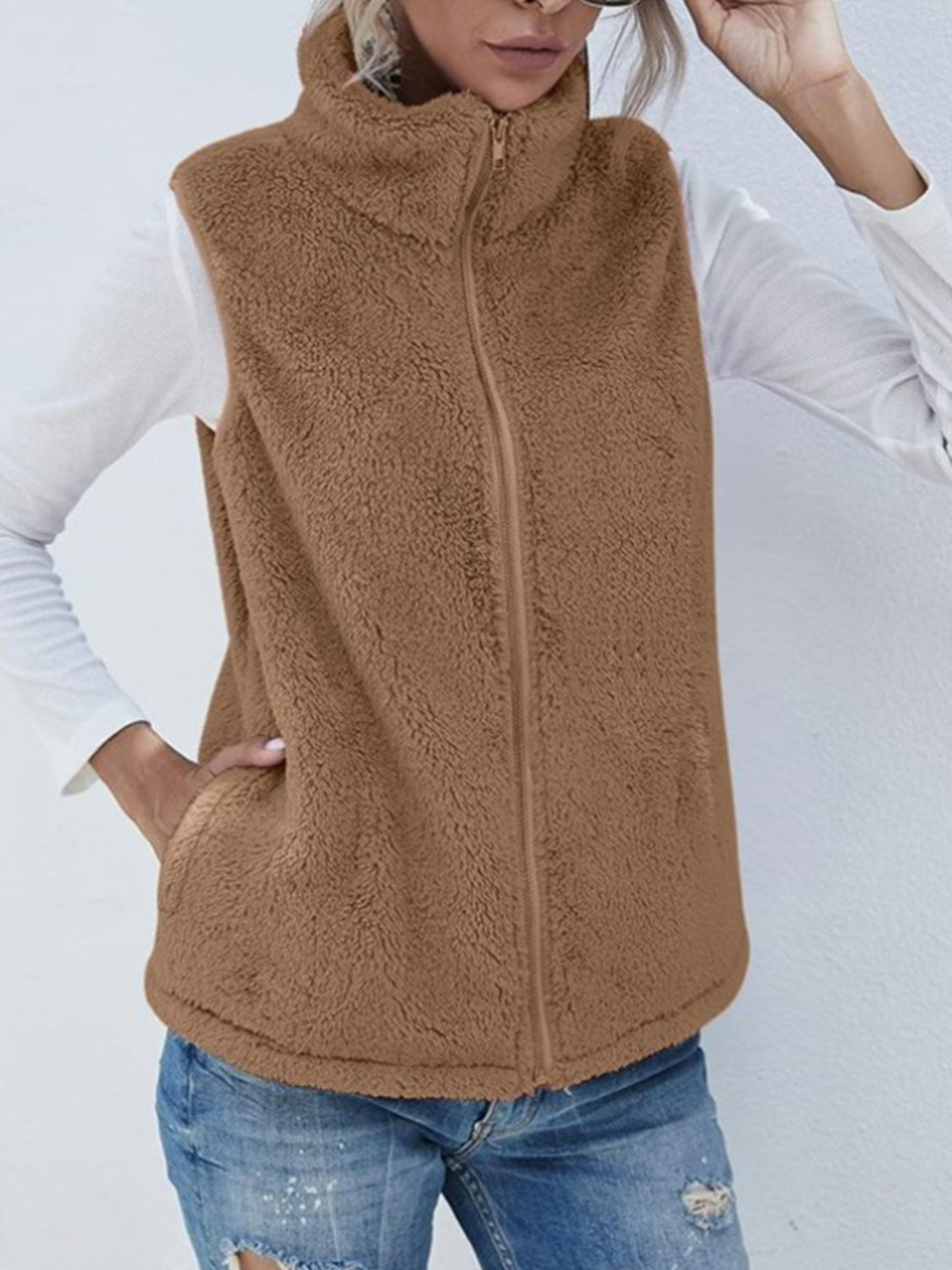 Full Size Fuzzy Zip Up Vest Coat with Pockets - Charming Charlie