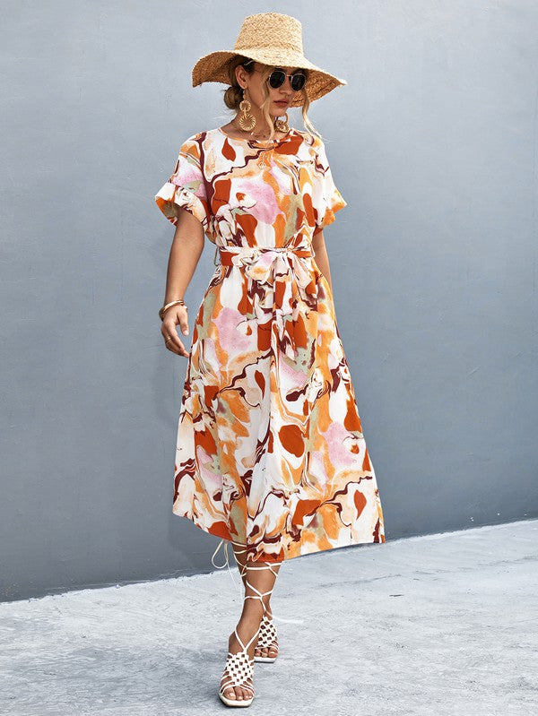 Women Print Round Neck Neck Short Sleeve Dress - Charming Charlie