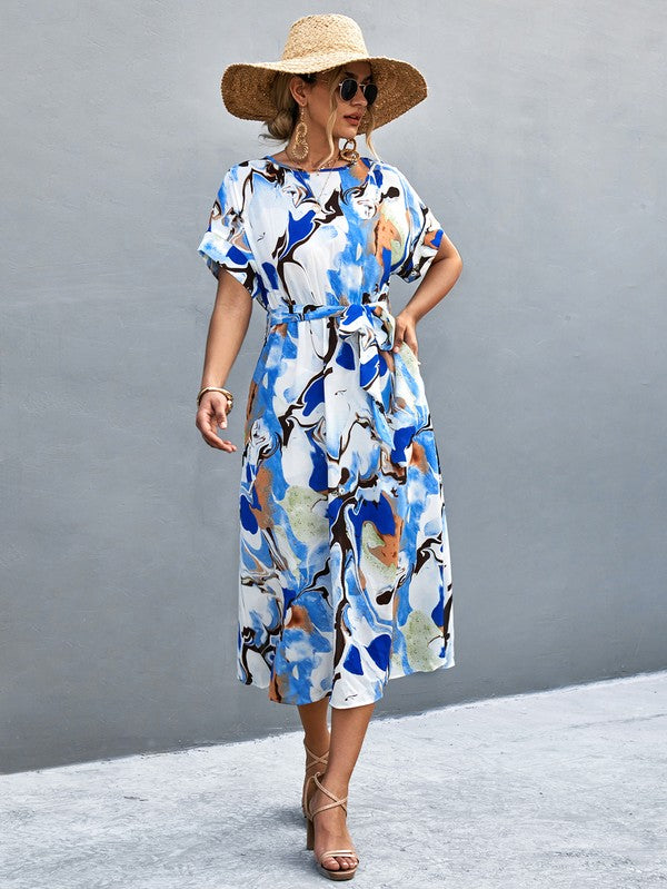 Women Print Round Neck Neck Short Sleeve Dress - Charming Charlie