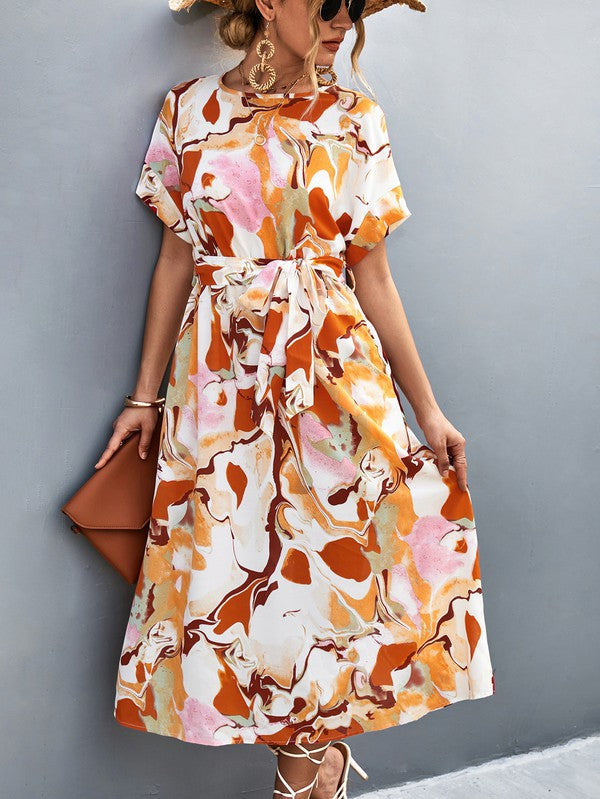 Women Print Round Neck Neck Short Sleeve Dress - Charming Charlie
