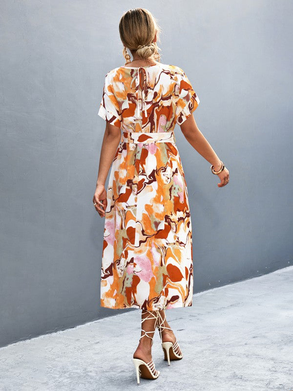 Women Print Round Neck Neck Short Sleeve Dress - Charming Charlie