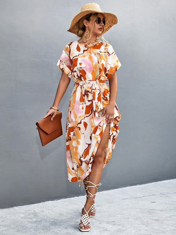 Women Print Round Neck Neck Short Sleeve Dress - Charming Charlie