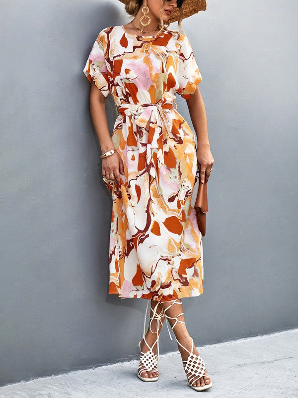 Women Print Round Neck Neck Short Sleeve Dress - Charming Charlie