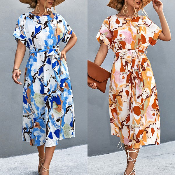 Women Print Round Neck Neck Short Sleeve Dress - Charming Charlie