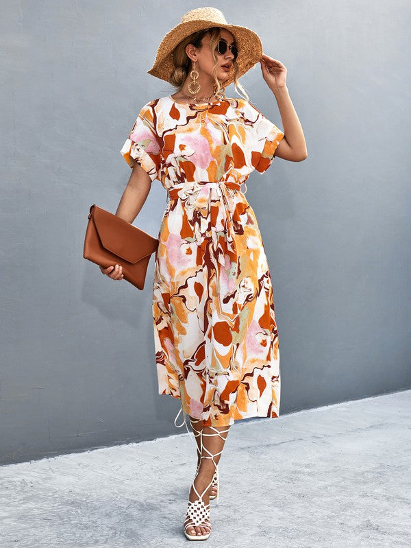 Women Print Round Neck Neck Short Sleeve Dress - Charming Charlie
