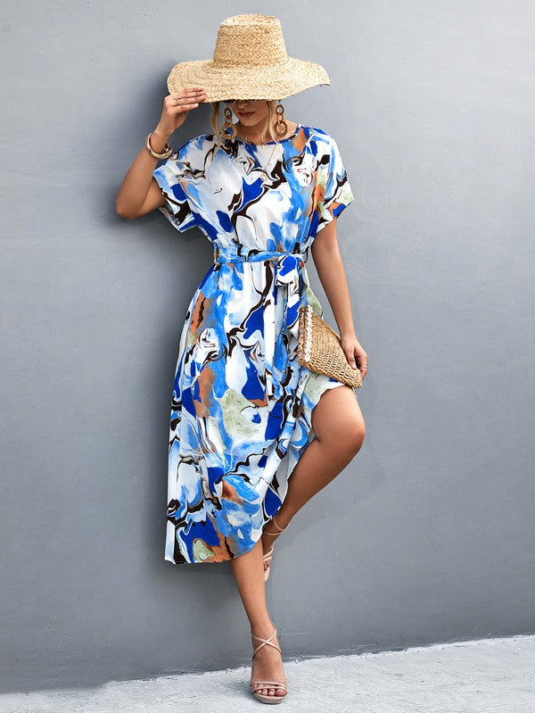 Women Print Round Neck Neck Short Sleeve Dress - Charming Charlie